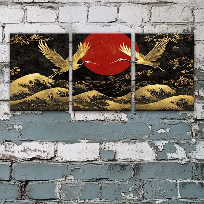 3pcs White Cranes Flying Over The Sea Metal Print Ready to Hang Art