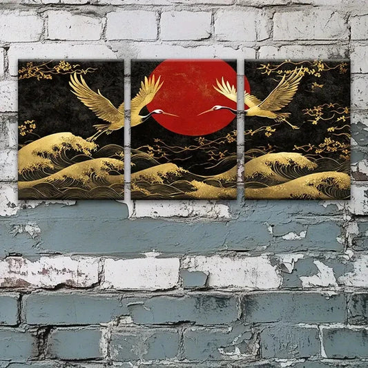 3pcs White Cranes Flying Over The Sea Metal Print Ready to Hang Art