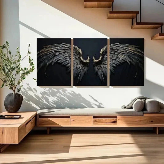 3pcs Abstract Black Angel Wings Golden Wall Art Set Canvas Framed 40x60cm - High Quality Print 100% Australian Made Wall Canvas Ready to Hang
