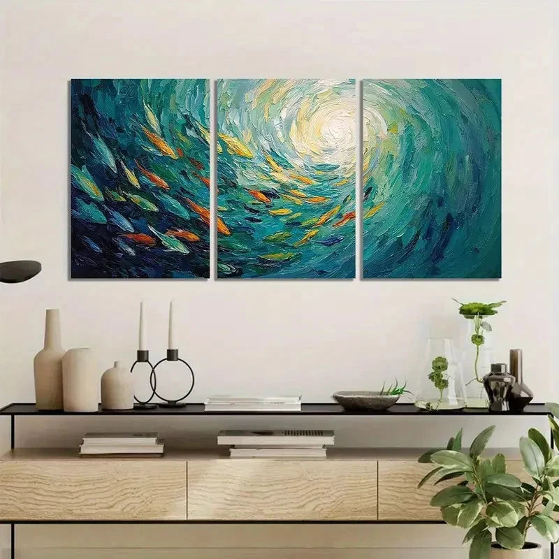 3pcs Underwater Vortex with Fish Swimming Metal Print Ready to Hang Art