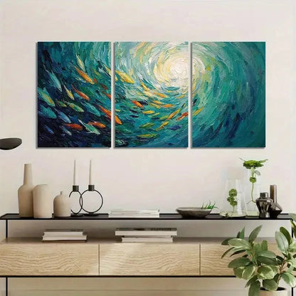 3pcs Underwater Vortex with Fish Swimming Metal Print Ready to Hang Art