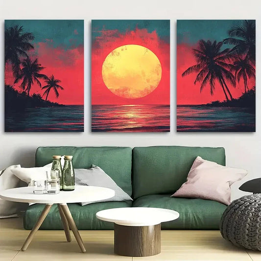 3pcs Palm Tree Sunset Pink Ocean Beach Metal Print Ready to Hang Art