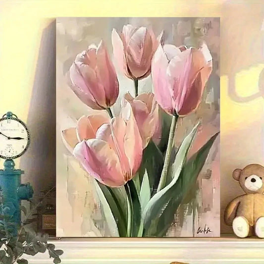 Vintage Pink Tulips Botanical Painting  40x60cm Metal Print Ready to Hang