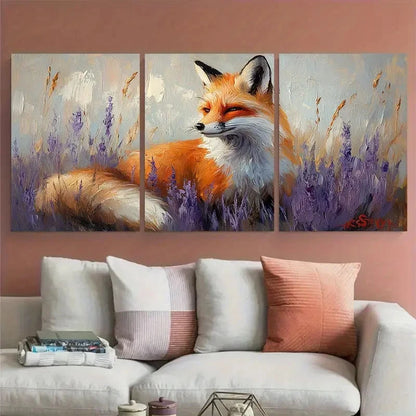 3pcs Fox in Lupine Floral field Illustration Metal Print Ready to Hang Art