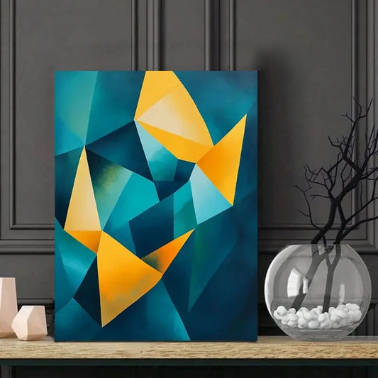 Abstract Painting of Teal And Yellow Wavy Geometric 40x60cm Metal Print Ready to Hang