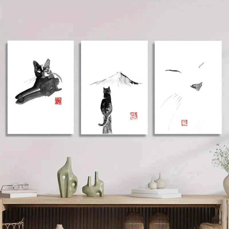 3pcs Black Cat Decorative Painting Metal Print Ready to Hang Art