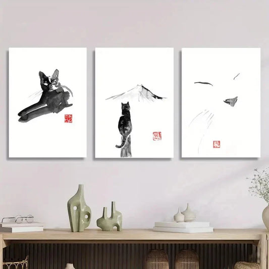 3pcs Black Cat Decorative Painting Metal Print Ready to Hang Art