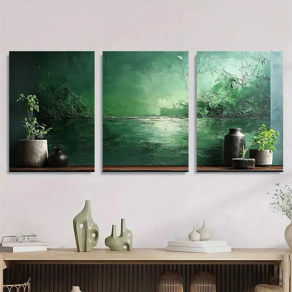 3pcs Green Abstract Oil Painting Metal Print Ready to Hang Art
