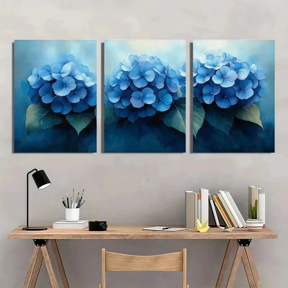 3pcs Elegant Blue Hydrangea Floral Watercolor Metal Print Ready to Hang Art