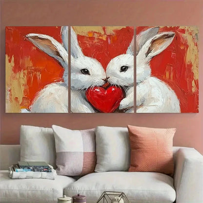 3pcs White Bunny with Heart Pet Portrait Wall Art Set Canvas Framed 40x60cm - High Quality Print 100% Australian Made Wall Canvas Ready to Hang