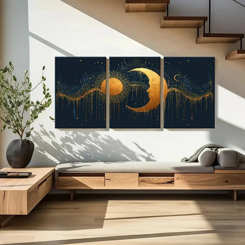 3pcs Sun Moon Celestial Art Golden Glow Night Sky Metal Print Ready to Hang Art