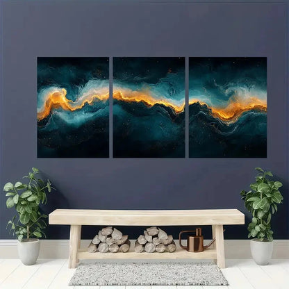 3pcs Dark Green & Golden Swirls Abstract Metal Print Ready to Hang Art