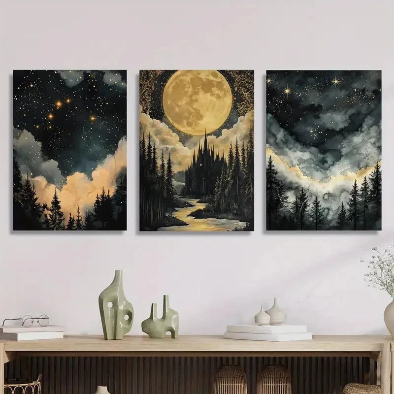 3pcs The woods under the stars, the moonlight Metal Print Ready to Hang Art