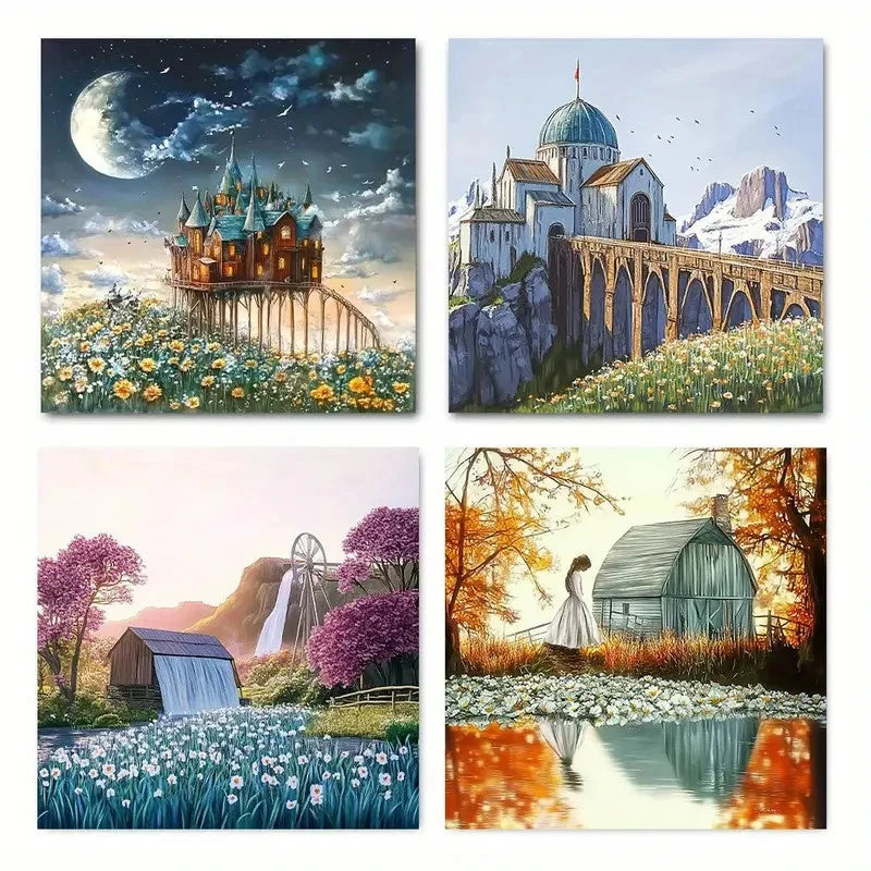 4pcs Rustic Turquoise Barn & ScenicWall Art Canvas Framed