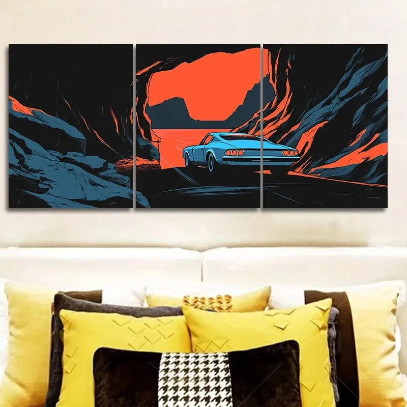 3pcs A Blue Car Drives Through a Canyon Wall Art Set Canvas Framed 60x90cm - High Quality Print 100% Australian Made Wall Canvas Ready to Hang
