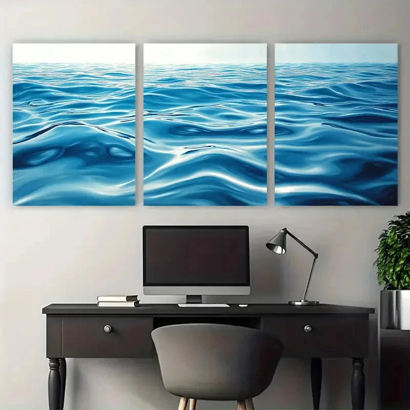 3pcs Coastal Timeless Blue Lake Ripple Abstract Wall Art Set Canvas Framed 60x90cm - High Quality Print 100% Australian Made Wall Canvas Ready to Hang