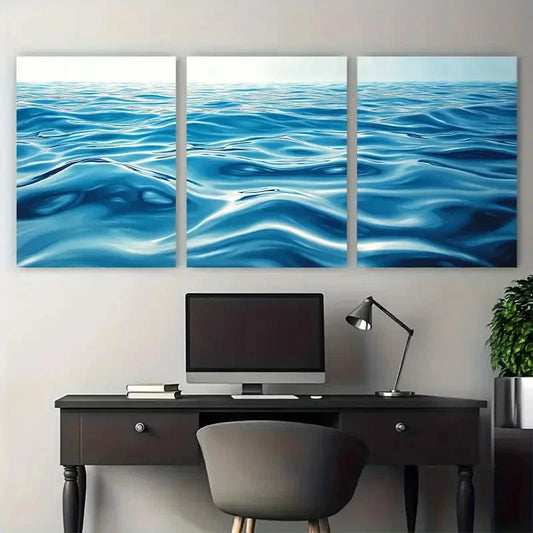 3pcs Coastal Timeless Blue Lake Ripple Abstract Wall Art Set Canvas Framed 60x90cm - High Quality Print 100% Australian Made Wall Canvas Ready to Hang