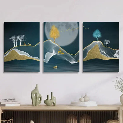 3pcs Light Luxury Theme with Deer, Birds, Elk, Metal Print Ready to Hang Art