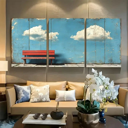 3pcs Fluffy Clouds on Distressed Blue Sky Metal Print Ready to Hang Art