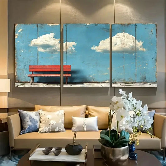 3pcs Fluffy Clouds on Distressed Blue Sky Metal Print Ready to Hang Art
