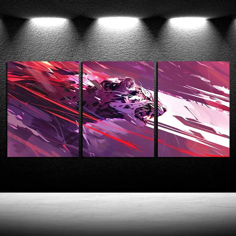 3pcs Red Purple Leopard in Astronaut Gear Metal Print Ready to Hang Art