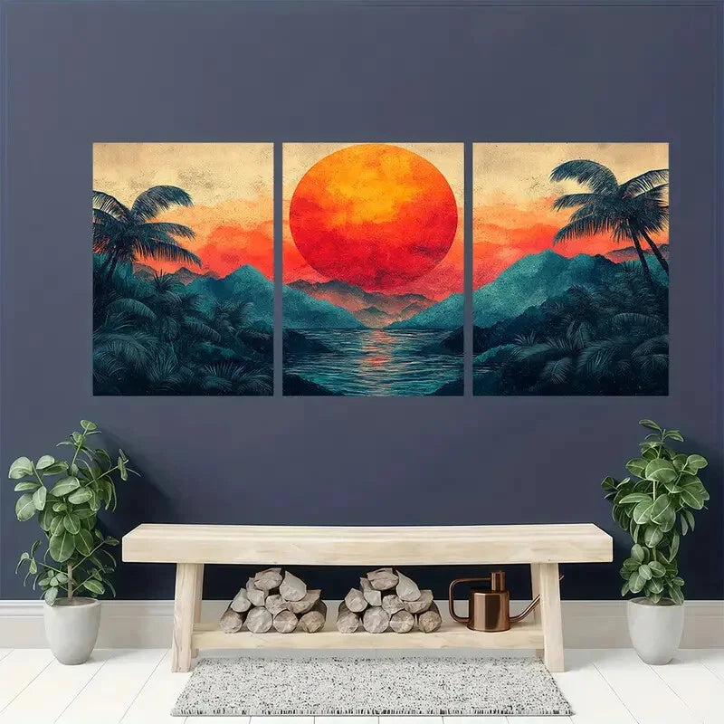 3pcs Vibrant Abstract Palm Leaf & Mountain Scenery Metal Print Ready to Hang Art