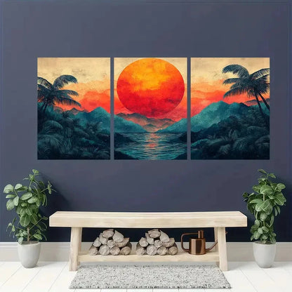 3pcs Vibrant Abstract Palm Leaf & Mountain Scenery Metal Print Ready to Hang Art