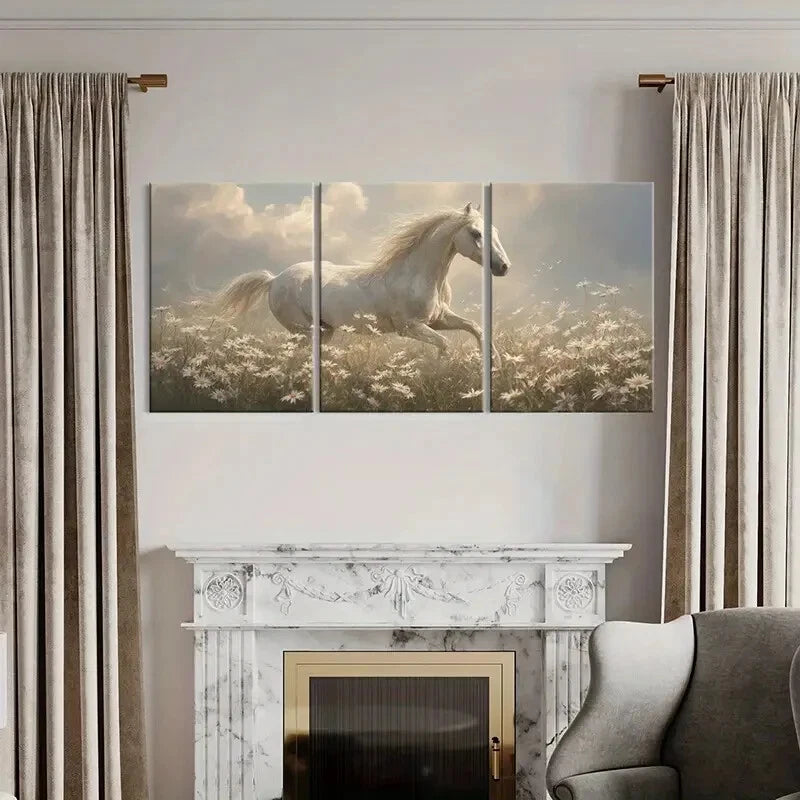 3pcs White Horse Running Through Daisy Field Metal Print Ready to Hang Art