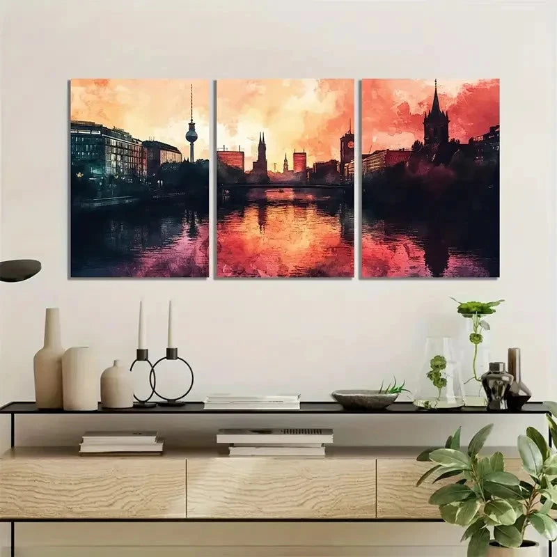 3pcs Berlin Watercolor Vibrant Cityscape Metal Print Ready to Hang Art