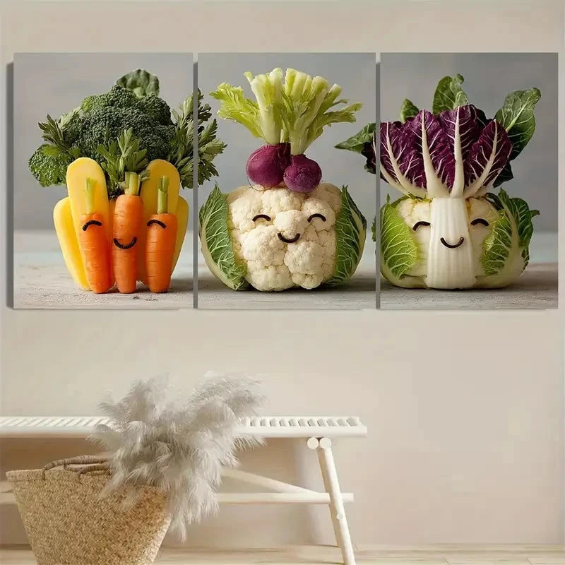3pcs Funny Vegetables Kitchen Nursery Decor Art Wall Art Set Canvas Framed 50x70cm - High Quality Print 100% Australian Made Wall Canvas Ready to Hang