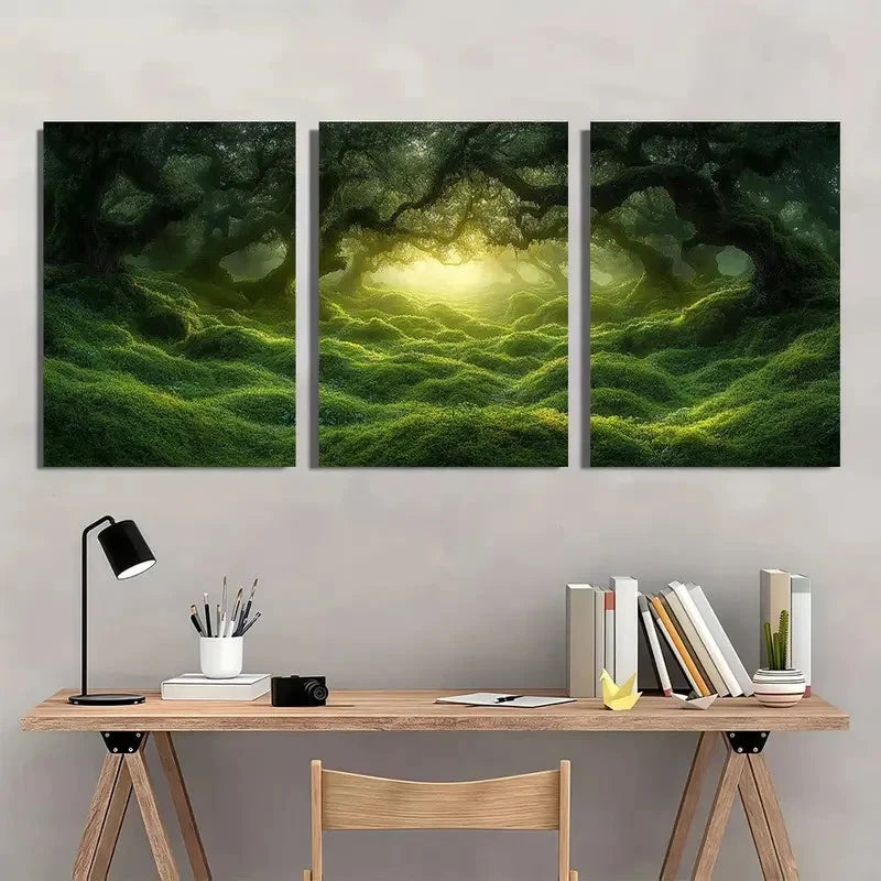 3pcs Deep Green Mossy Forest Ancient Twisted Wall Art Set Canvas Framed 60x90cm - High Quality Print 100% Australian Made Wall Canvas Ready to Hang