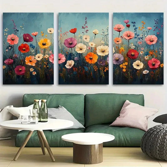 3pcs Vibrant Wildflower Meadow Floral Field Metal Print Ready to Hang Art