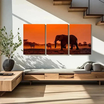 3pcs African Elephant in a Grassland at Sunset Wall Art Set Canvas Framed 40x60cm - High Quality Print 100% Australian Made Wall Canvas Ready to Hang