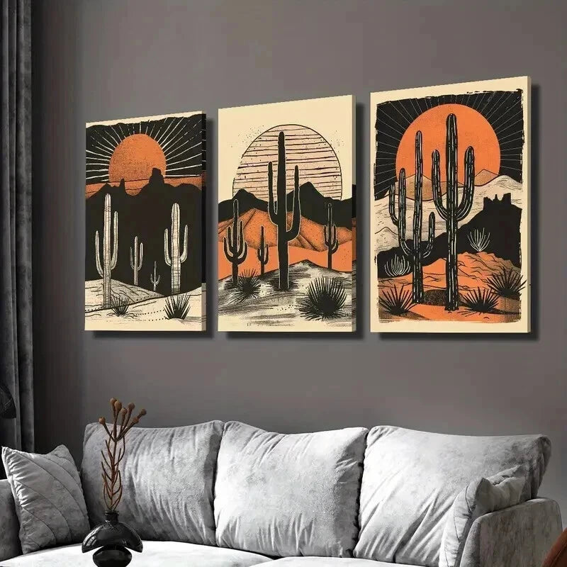 3pcs Desert Cactus and Sunset Landscape Wall Art Set Canvas Framed 40x60cm - High Quality Print 100% Australian Made Wall Canvas Ready to Hang