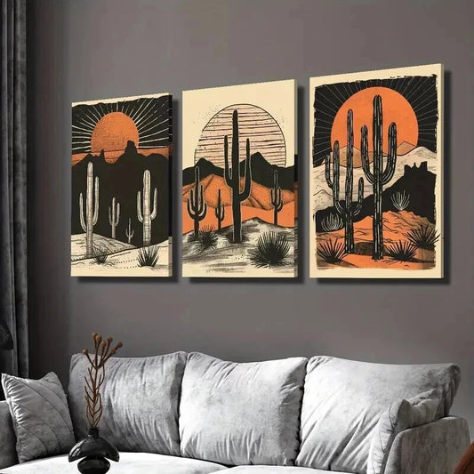 3pcs Desert Cactus and Sunset Landscape Wall Art Set Canvas Framed 40x60cm - High Quality Print 100% Australian Made Wall Canvas Ready to Hang