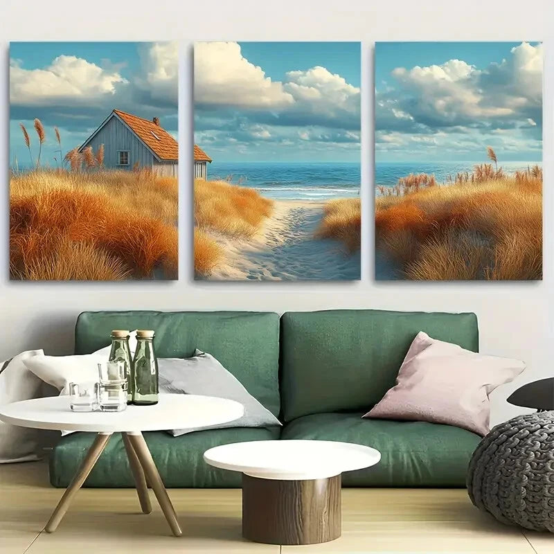 3pcs Rustic Seaside Cottage with Coastal Path Metal Print Ready to Hang Art