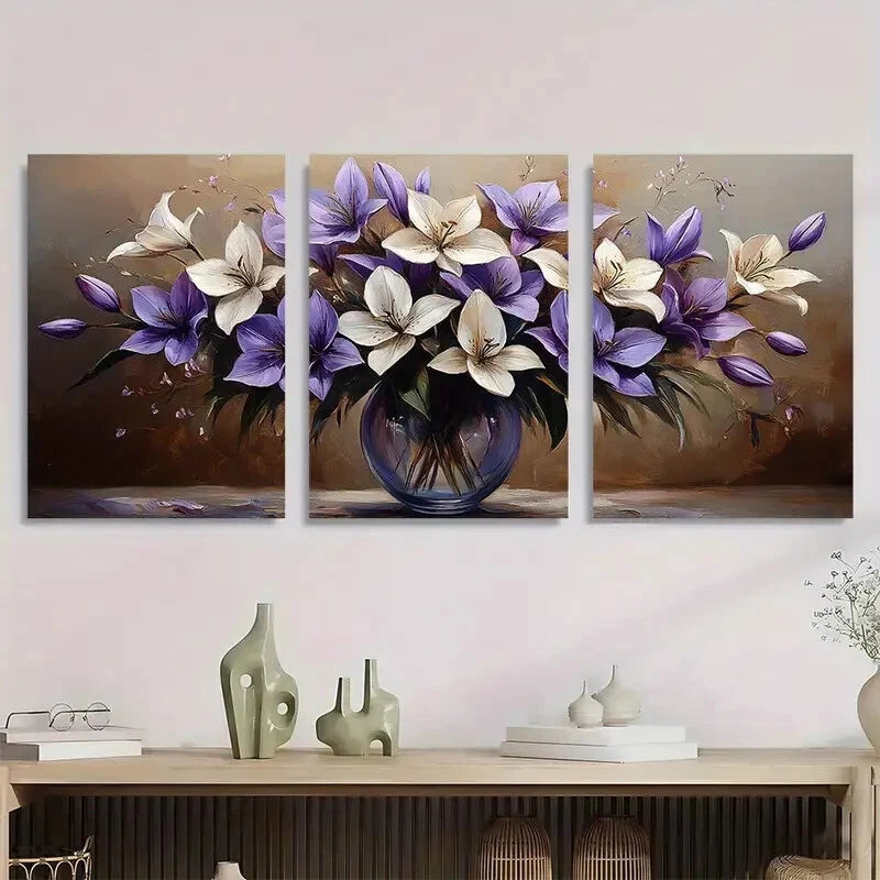 3pcs Elegant White & Purple Lily Bouquet Metal Print Ready to Hang Art