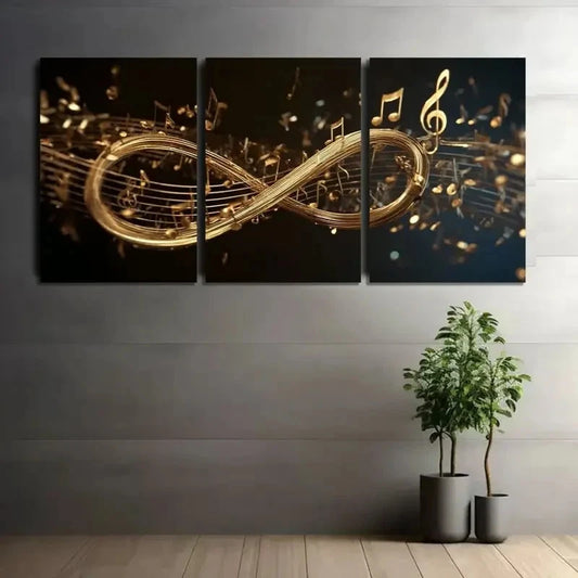 3pcs Golden Musical Notes Flowing Around Infinity Metal Print Ready to Hang Art