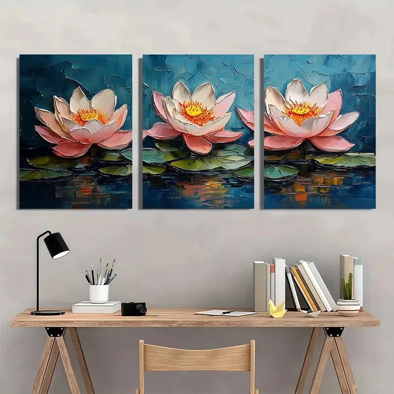 3pcs Vibrant Pink & White Flowers Oil Painting Metal Print Ready to Hang Art
