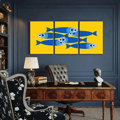 3pcs Modern Blue Fish Vibrant Yellow Background Metal Print Ready to Hang Art