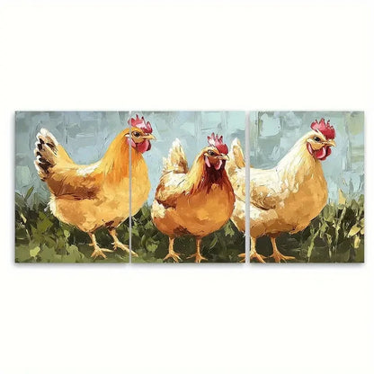 3pcs Chicken Hen Farm Bird Impasto Illustration Wall Art Set Canvas Framed 50x70cm - High Quality Print 100% Australian Made Wall Canvas Ready to Hang