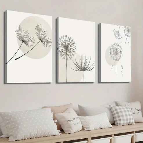 3pcs Black and White Dandelion Botanical Flower Wall Art Set Canvas Unframed - High Quality Print 100% Australian Made Wall Canvas