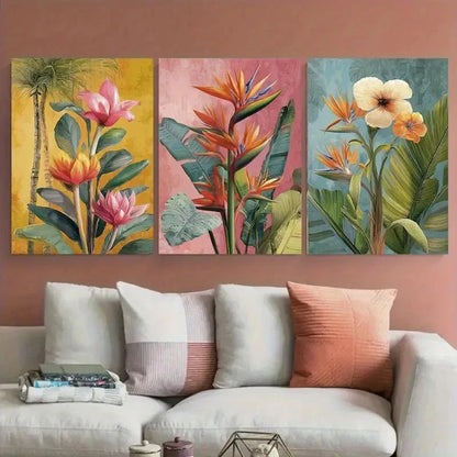 3pcs Belo Horizonte Travel Tropical Floral Wall Art Set Canvas Framed 50x70cm - High Quality Print 100% Australian Made Wall Canvas Ready to Hang