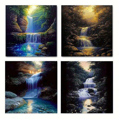 4pcs Dreamy Moonlit Waterfall Wall Art Canvas Framed
