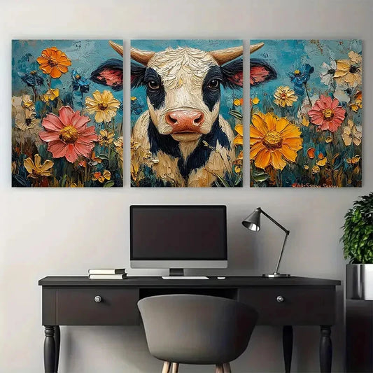 3pcs Cow Farm Animals with Florals Illustration Wall Art Set Canvas Framed 40x60cm - High Quality Print 100% Australian Made Wall Canvas Ready to Hang