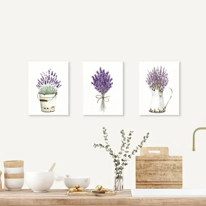 3pcs Watercolor Lavender Lilac Paintings Metal Print Ready to Hang Art