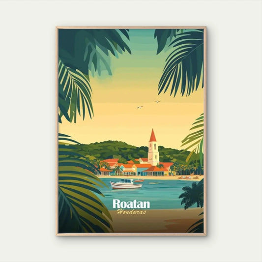 Tropical Beach Roatan Honduras Landscape Travel Poster Print Wall Art