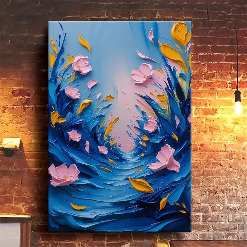 Blue Floral Wave Pink Flowers & Yellow Leaves 60x90cm Metal Print Ready to Hang