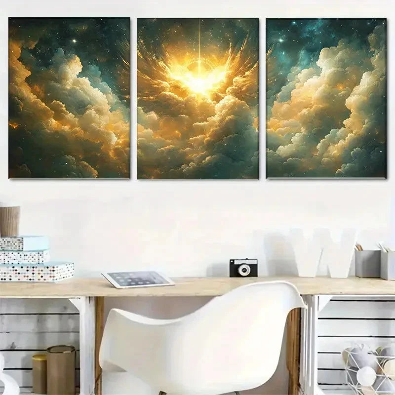 3pcs Dreamy Cosmic and Sea of Clouds Triptych Metal Print Ready to Hang Art