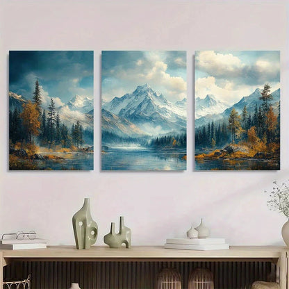 3pcs Rustic Mountain Classic Snow Capped Peaks Metal Print Ready to Hang Art